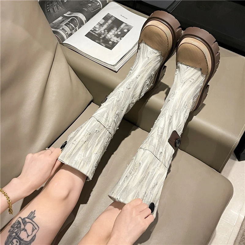 Denim Chelsea Knee High Boots Women Platform Shoe 2024 Designer Winter Flats Shoes Goth Motorcycle Boots Casual Shoes Botas