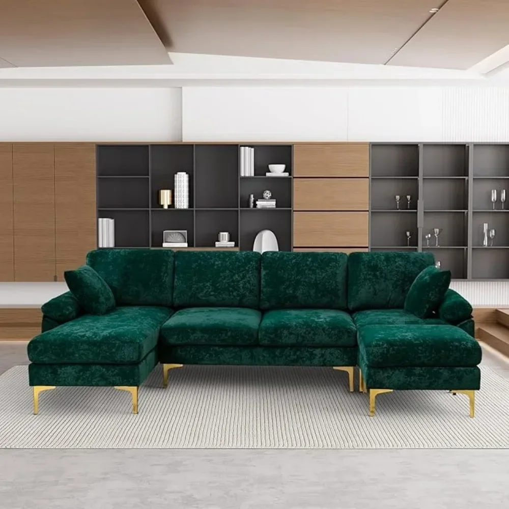 U-Shaped Sectional Sofa Couch, 4 Seat Sofa Set ,Convertible L-Shaped Velvet Couch Set with Chaise Lounge, Ottoman and Pillows image 3