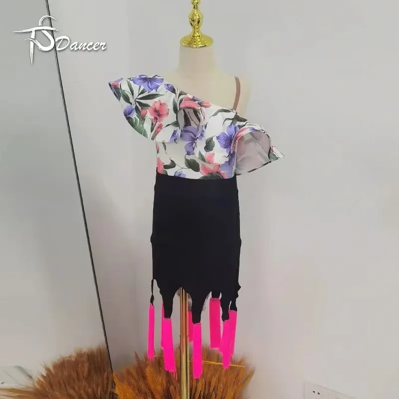 Lotus Leaf Sleeve Latin Dance Dress Suit Girls Fringed Dress Slit Suit Child Latin Dance Dresses Kids Practice Clothes
