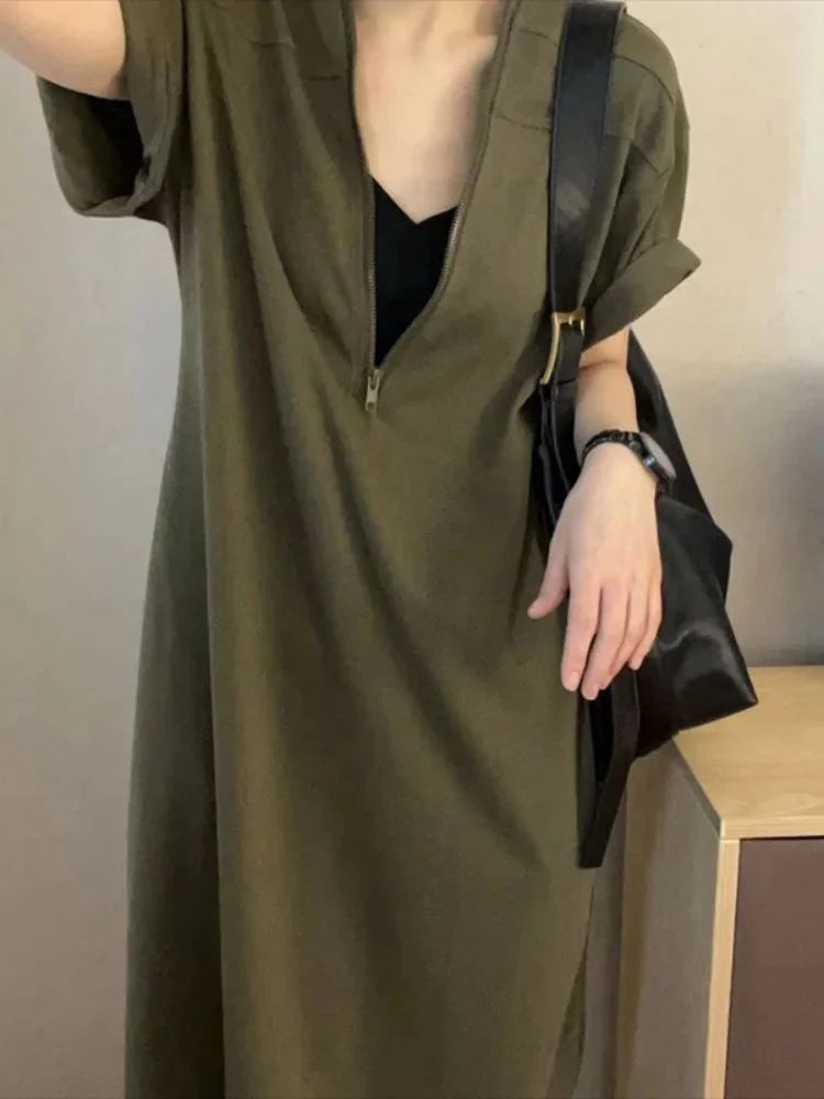 プラスサイズ 夏 カジュアル ハイウエスト Tシャツ ドレス レディース ゆったり 着痩せ お腹カバー ジッパー付き ロング丈 ドレス