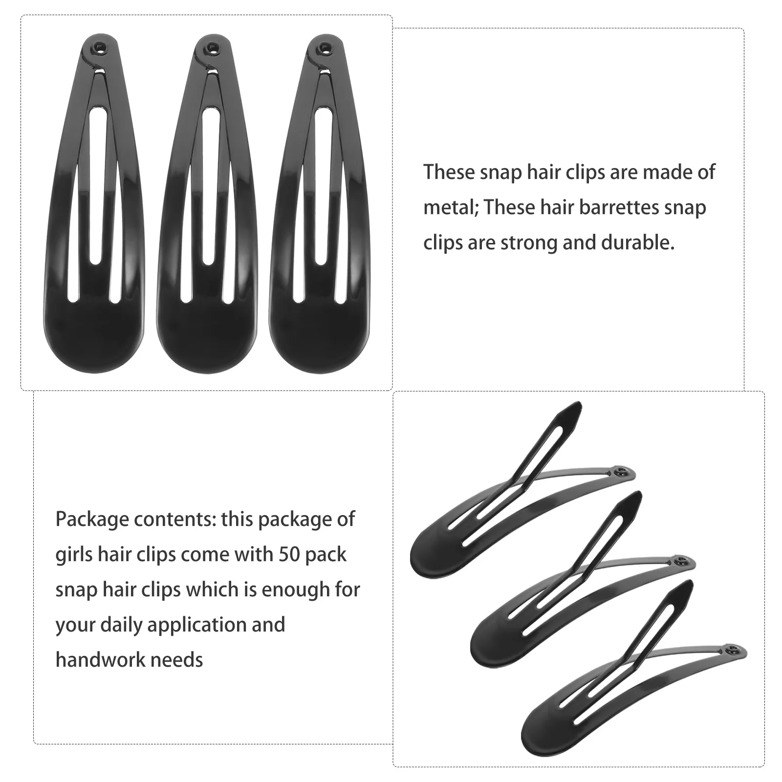 

50Pack Metal Snap Clips Hair Barrettes 6.5cm Black for Women Girls Shine Finish Secure Hold Bangs Flyaways Hair Accessory Daily