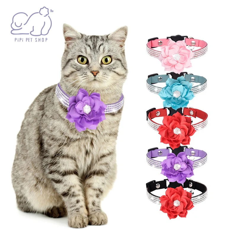 

Baby Cats Dogs Shining Colorful Diamond with Flower Rhinestone Accessories Collar for Pet Kitten Adjustable Necklace