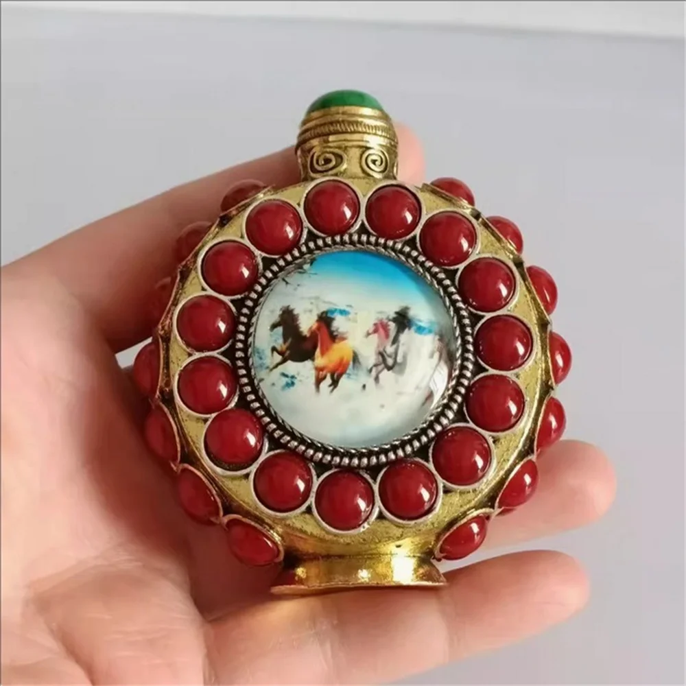 

Luminous snuff bottle, copper jewelry, cinnabar red double-sided antique smoking accessories, nostalgic ethnic style