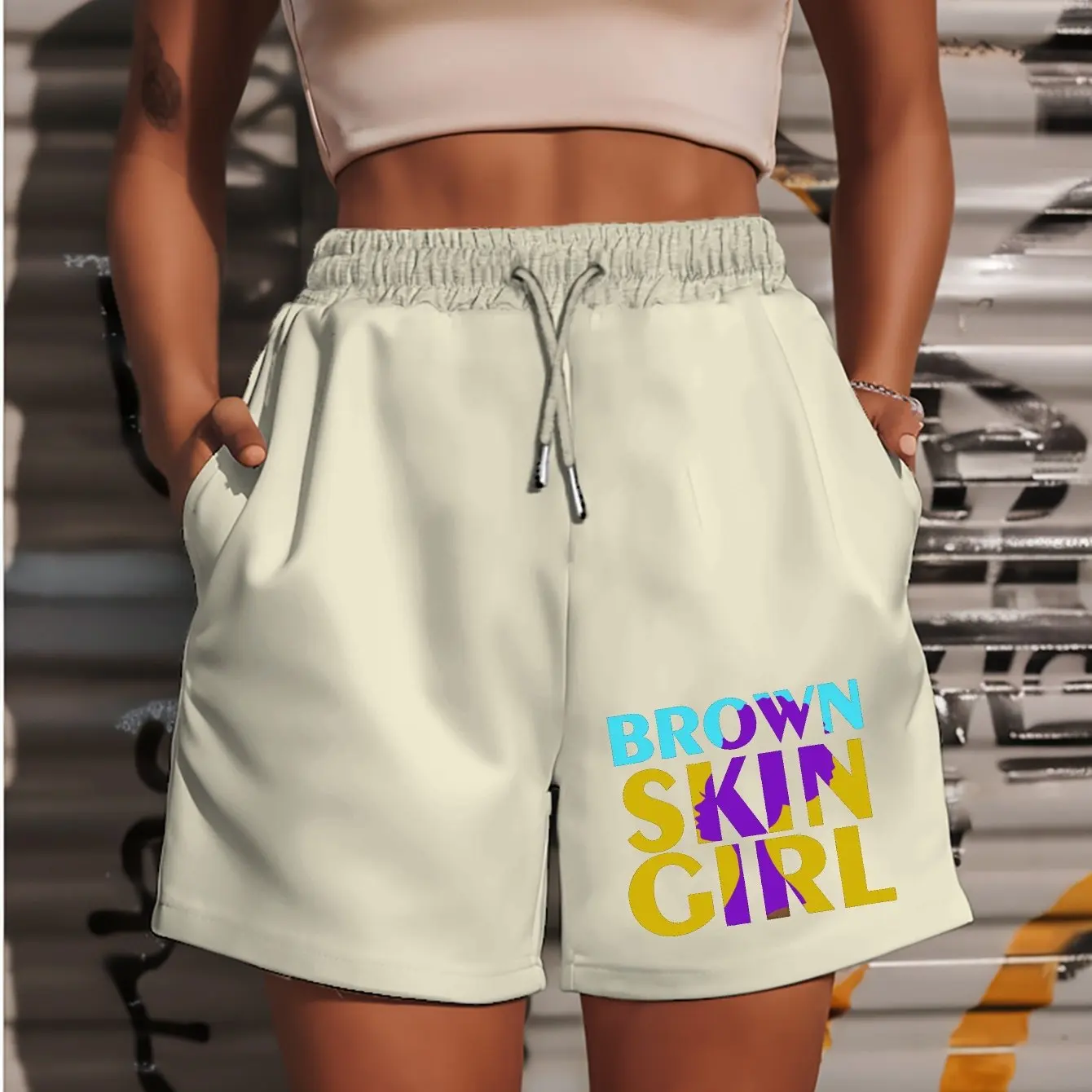 

Women's "Brown Skin" Pattern Printed Shorts - Casual Summer Beach and Sportswear with Zippered Elastic Waist