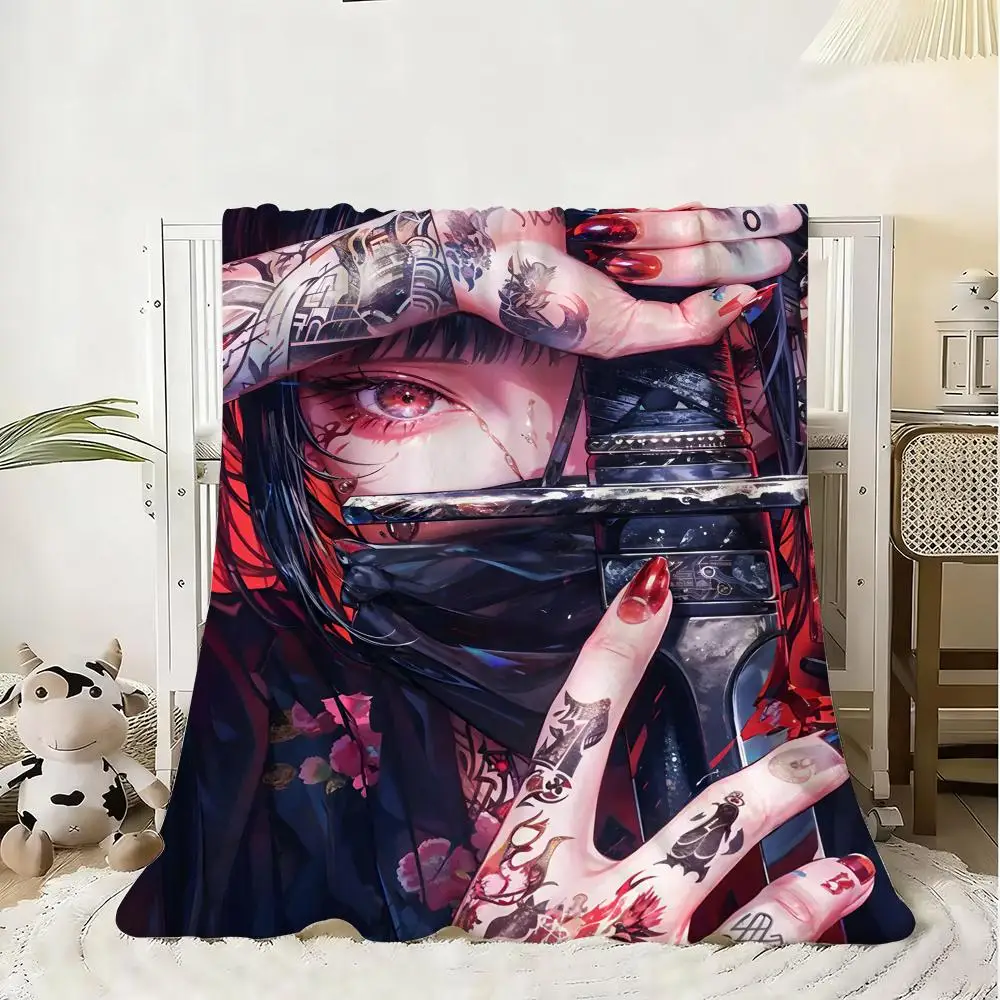 Anime Girl Samurai Throw Soft Flannel Blanket Warm Knee Skin-Friendly Throw for Sofa Office Bed Traveling Winter Oversize