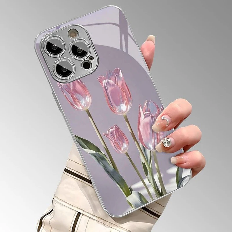 Pink Glass Tulip Pattern Glass Electroplated Phone Case For iPhone 17 16 15 14 13 12 11 Pro Max Plus 16E 17 Air Protective Cover - Image 6