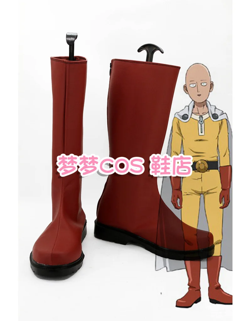 Anime ONE PUNCH-MAN Saitama Cosplay Shoes Red Medium-long PU Leather Flat Sole Boots For Halloween Carnival