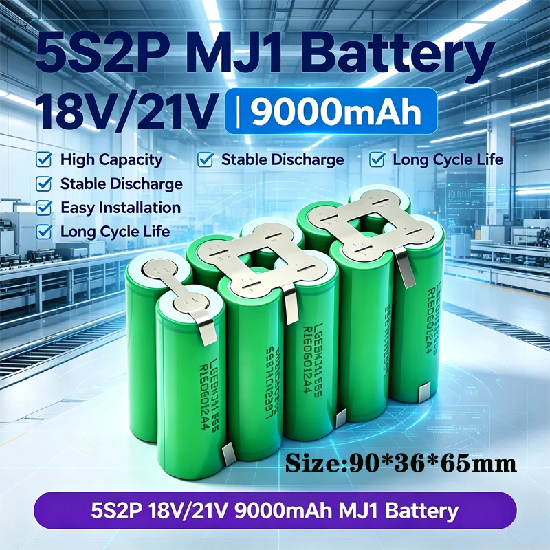 Batteria al litio 18650MJ1 5S2P 9000 mAh 18V/21V, batteria agli ioni di litio intercambiabile, utilizzata per avvitatori, micro-smerigliatrici, lavorazione del legno, macchine da giardinaggio per il