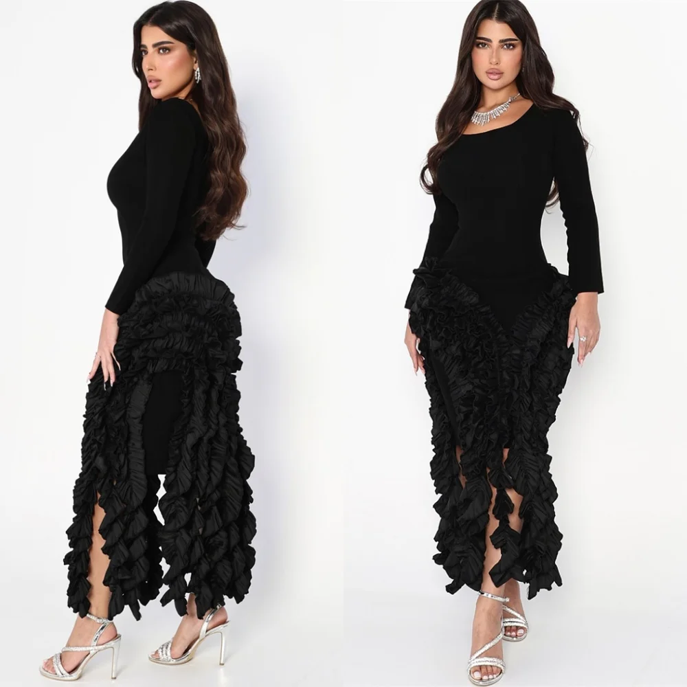 

Customized Simple Black Jersey Evening Dresses Formal Long Sleeves Homecoming Dresses Temperament Special Occasion Gowns