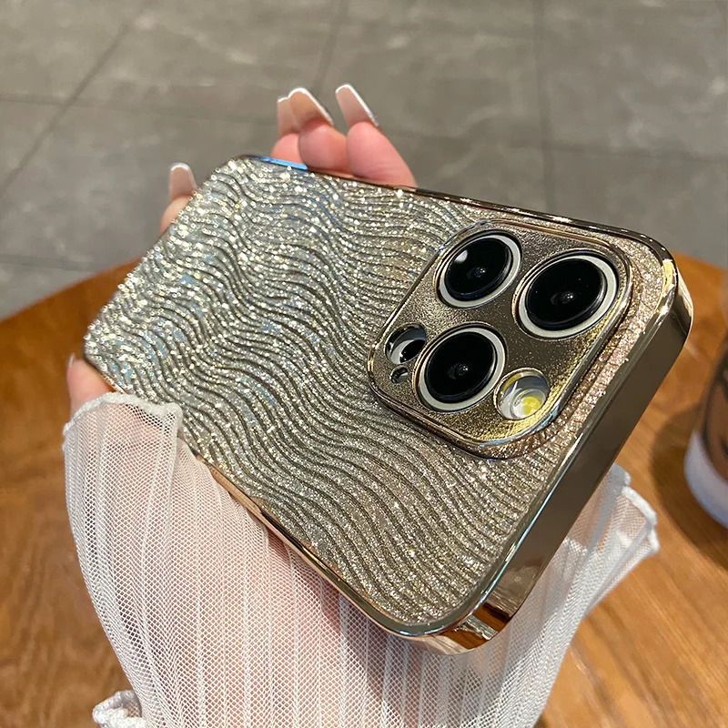 

Luxury Plating Water Ripple Pattern Phone Case for IPhone 12 13 14 15 16 Pro Max Camera Protection Bumper Cases Cover