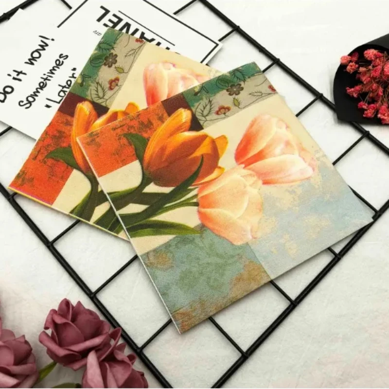 Colourful Printed Napkin Tulip Flower Wedding Party Folded Paper Napkin Mouth Cloth Towel Party Decoration Paper 20pcs/pac 2-Ply