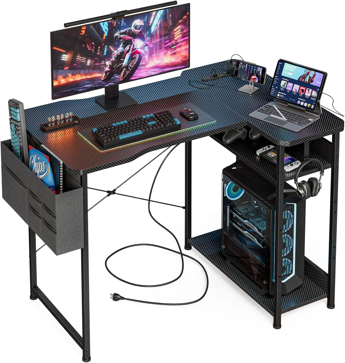 

40-дюймовый игровой стол L-образной формы с розетками, двусторонними полками и сумкой для хранения для домашнего офиса