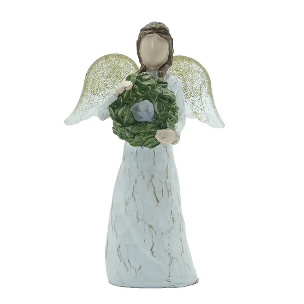 Estatuas para decoración del hogar, estatua de ángel elegante con corona verde, decoración navideña hecha a mano para el hogar, jardín