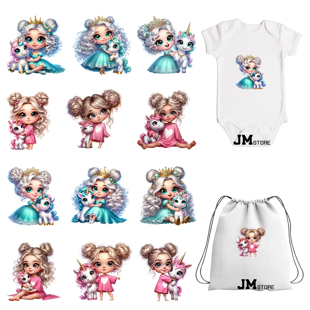 

15cm 5.9in Princess Unicorn Girl Iron On Transfer Sticker For Clothes DTF Printed Vinyl Thermal Appliques Washable T-Shirt Decal