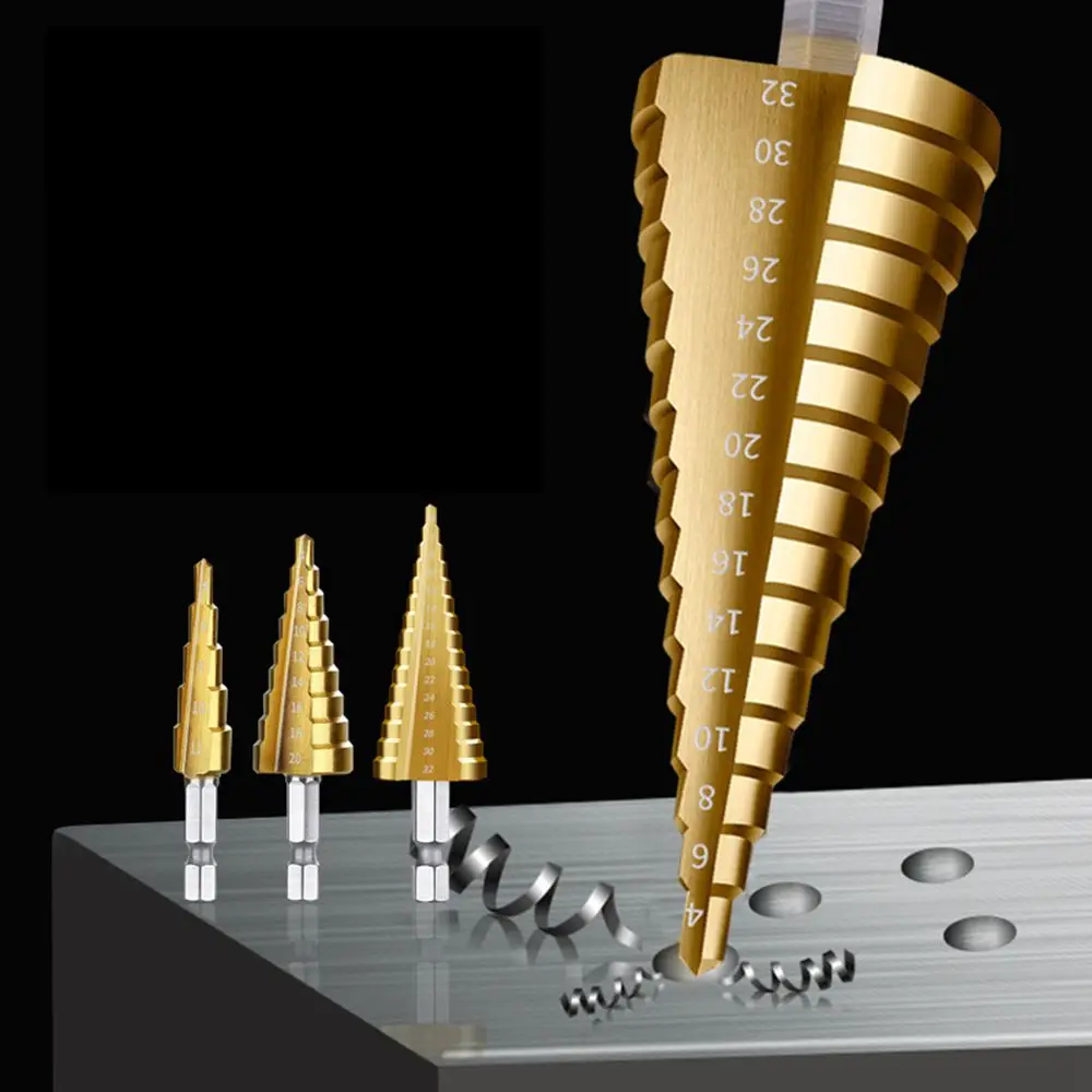 

4-12mm 4-20mm 4-32mm HSS Straight Groove Step Drill Bit Titanium Coated Wood Metal Hole Cutter Core Drilling Tools Set