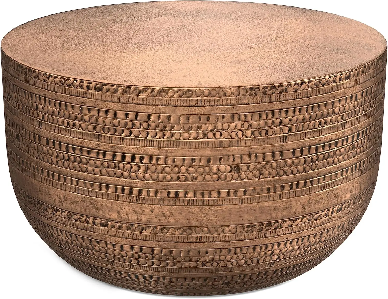 Johnsen 30-inch Wide Metal Drum Coffee Table in Antique Copper, Boho-Style Cocktail Table for Living Room or Family R