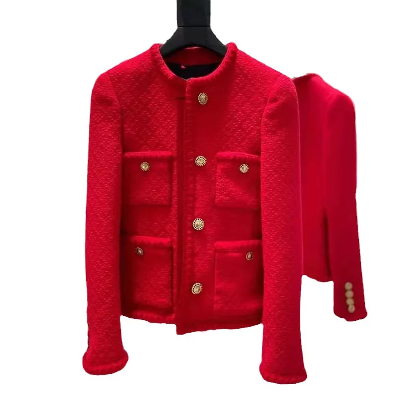 Red Retro Heavy Industry Coat Women\'s Short Round Neck Woolen Tweed Top