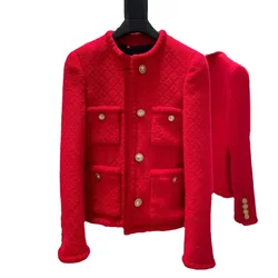 Red Retro Heavy Industry Coat Women's Short Round Neck Woolen Tweed Top