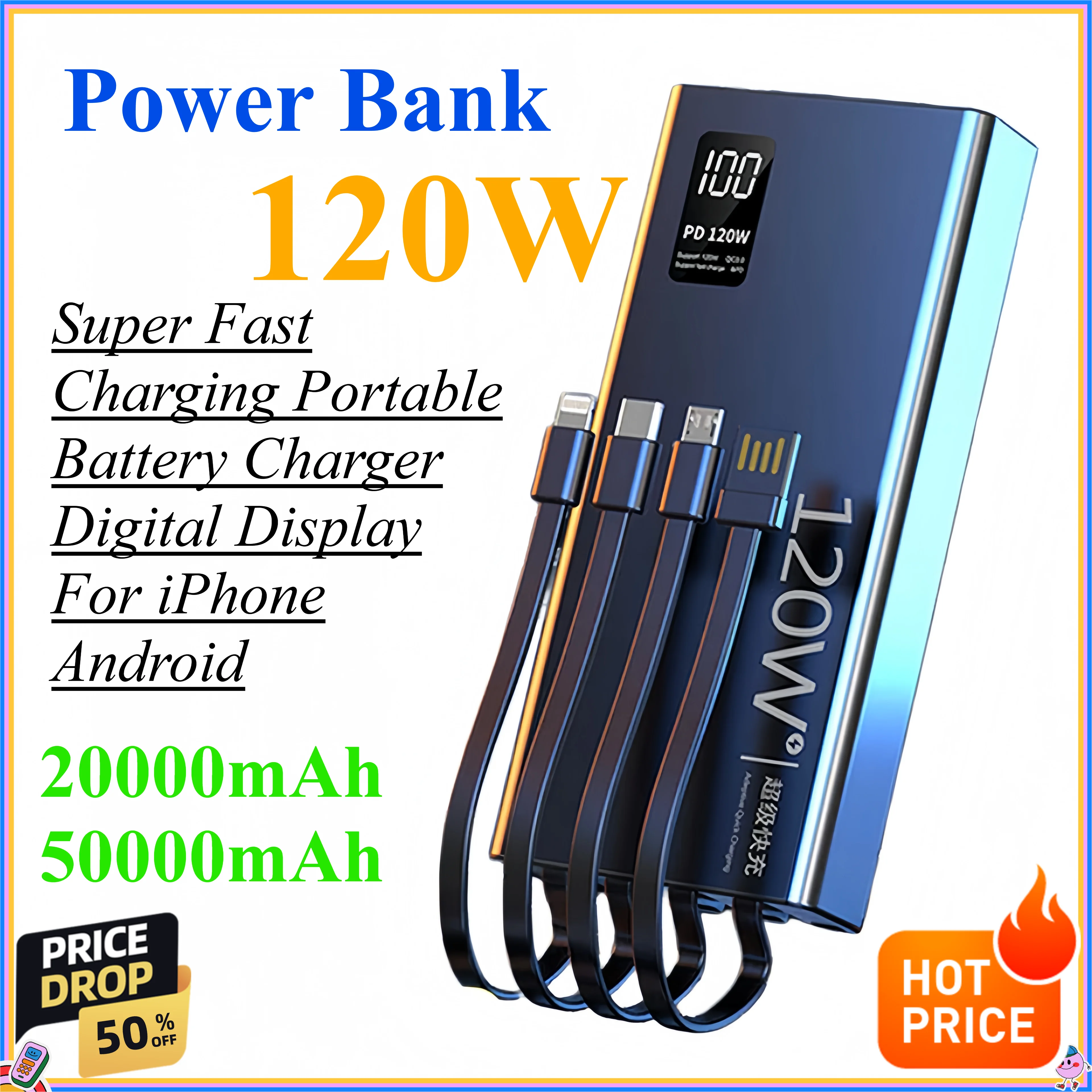 

20000mAh 50000mAh Power Bank 120W Super Fast Charging Portable Battery Charger Digital Display For iPhone Xiaomi