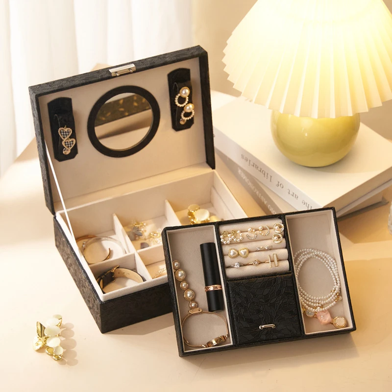 Travel Portable Jewelry Storage Box, Mini Jewelry, Wear-Resistant Leather, Multi-Function, Home Square Storage Box