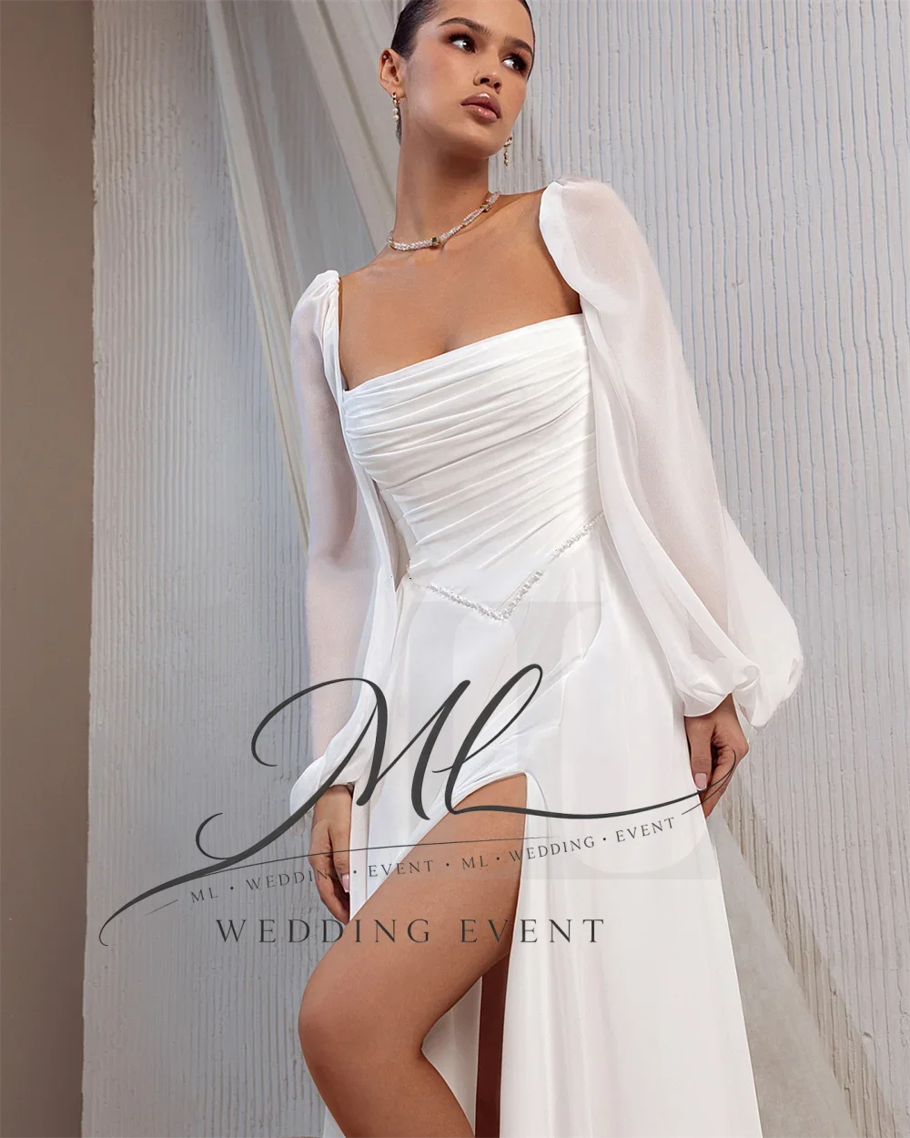ML Customized Modern Strapless Satin Bridal Dress Ruched Bodice A Line Skirt With High Slit For Bride Wedding Formal Occasion