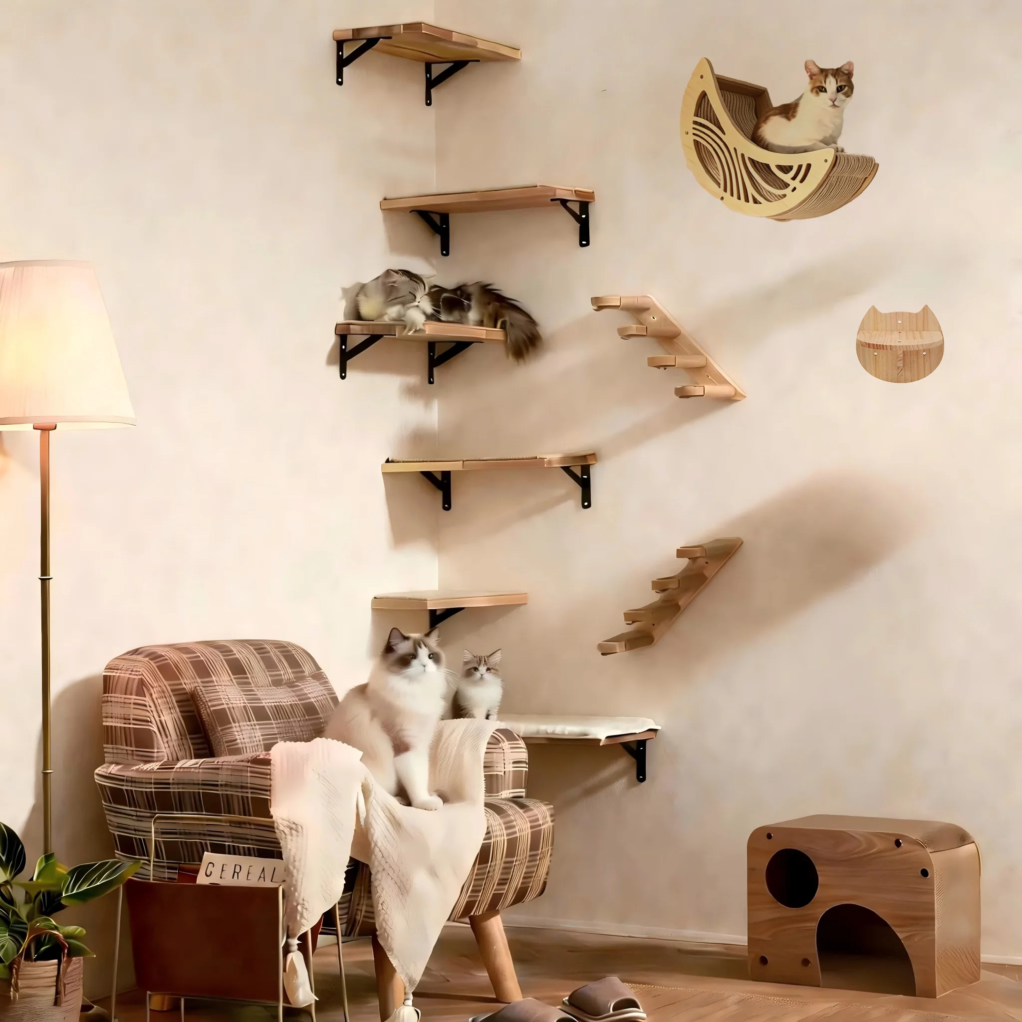 Wandmontierte Katzen-Kletterwand mit Stufen, Sisalseil-Kratzbaum, Sprungturm, Haustiermöbel für die tägliche Aktivität von Katzen – Detail 5