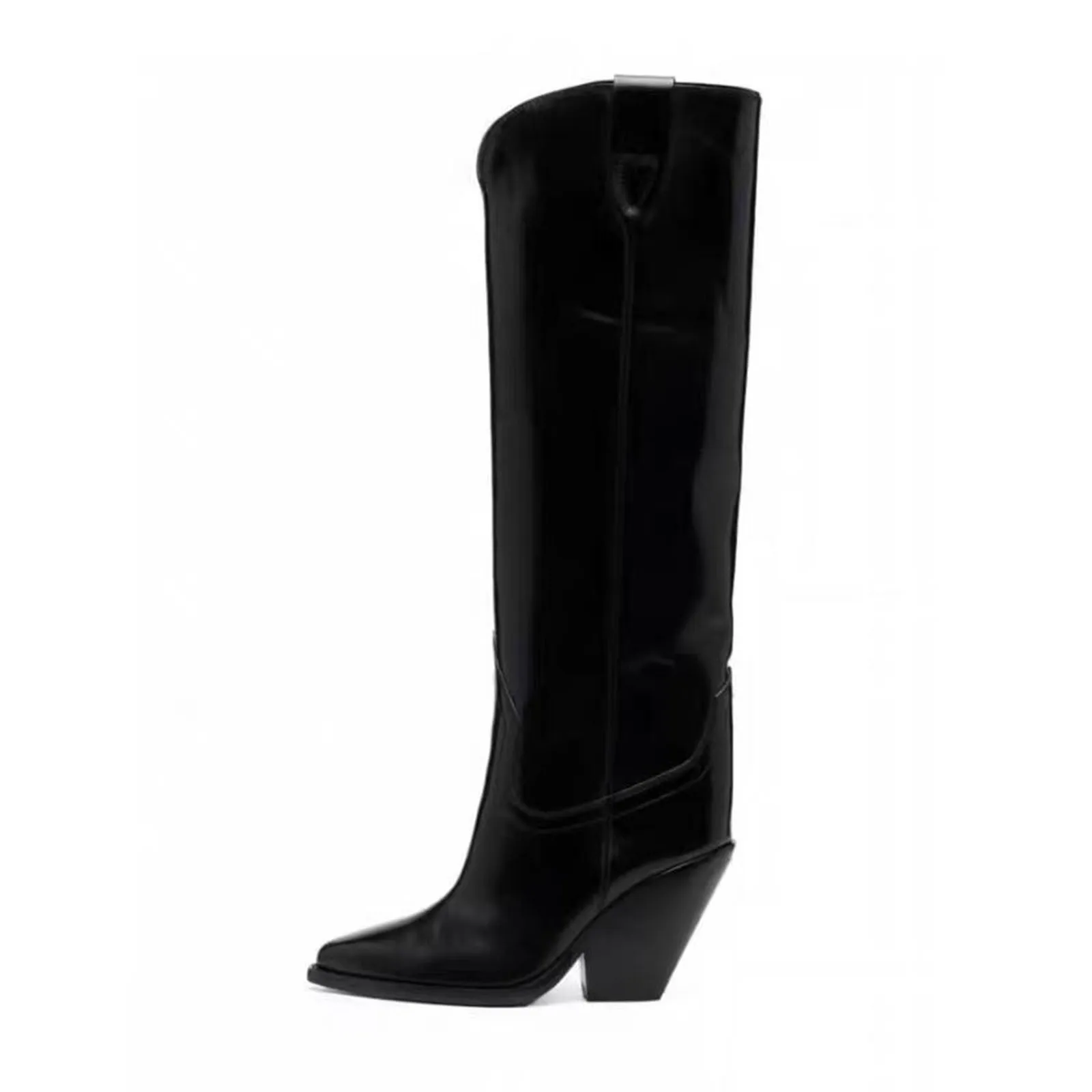 

Arden Furtado 2024 Autumn Winter Tapered heel Western boots Pointed Chunky heels Pull-on Knee high boots Large size Modern boots