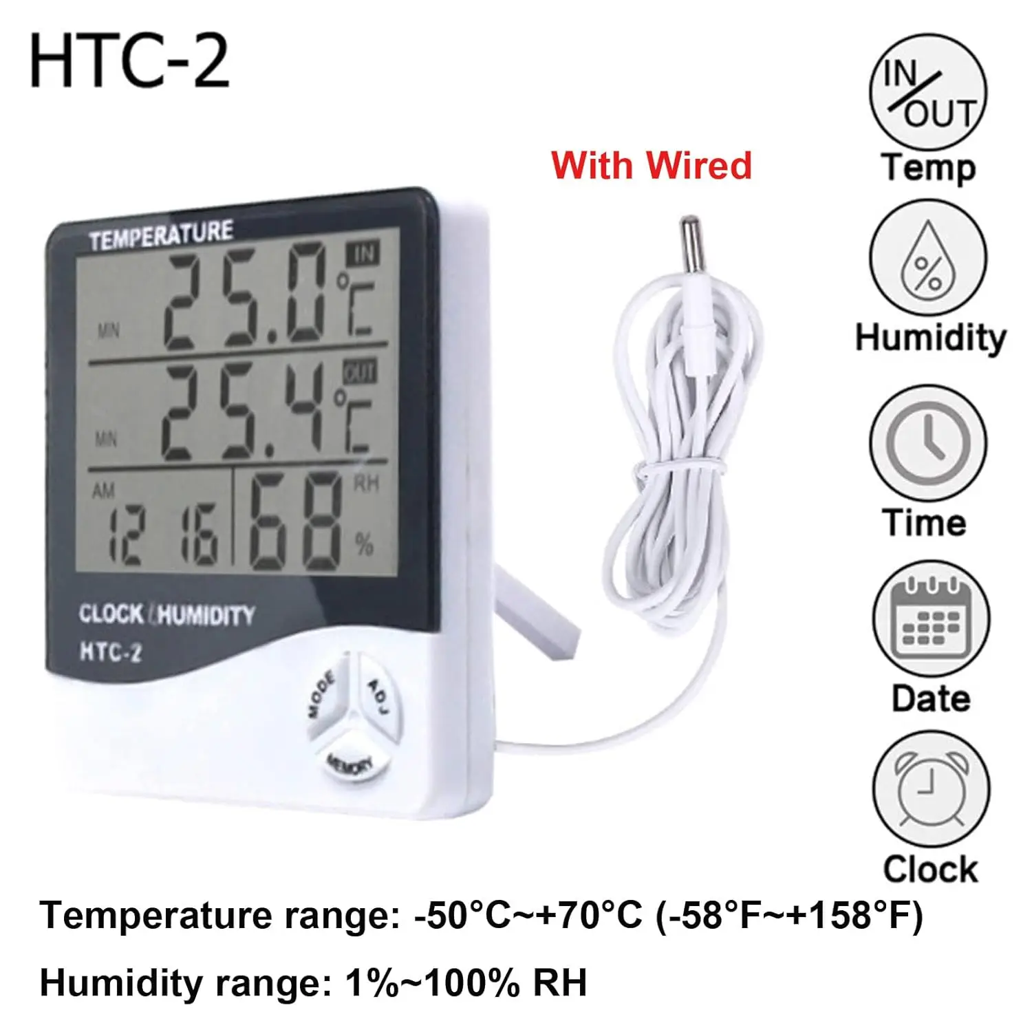 Lcd Eletrônico Digital Medidor de Temperatura e Umidade Termômetro Interior e Exterior Higrômetro Relógio Estação Meteorológica Htc1 Htc2