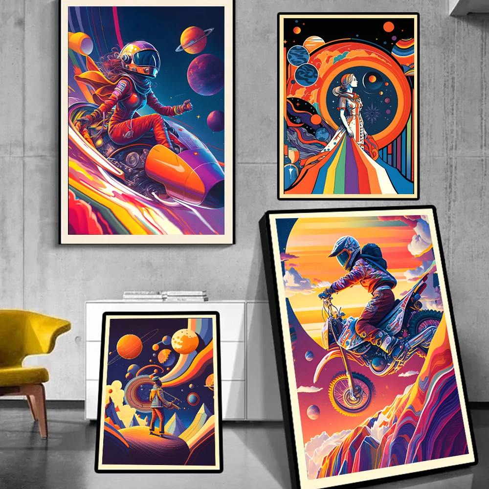 Colorful Abstract Space Astronaut Play The Sax Art Posters Prints Astronaut Motocross Canvas Painting Sofa Background Wall Decor