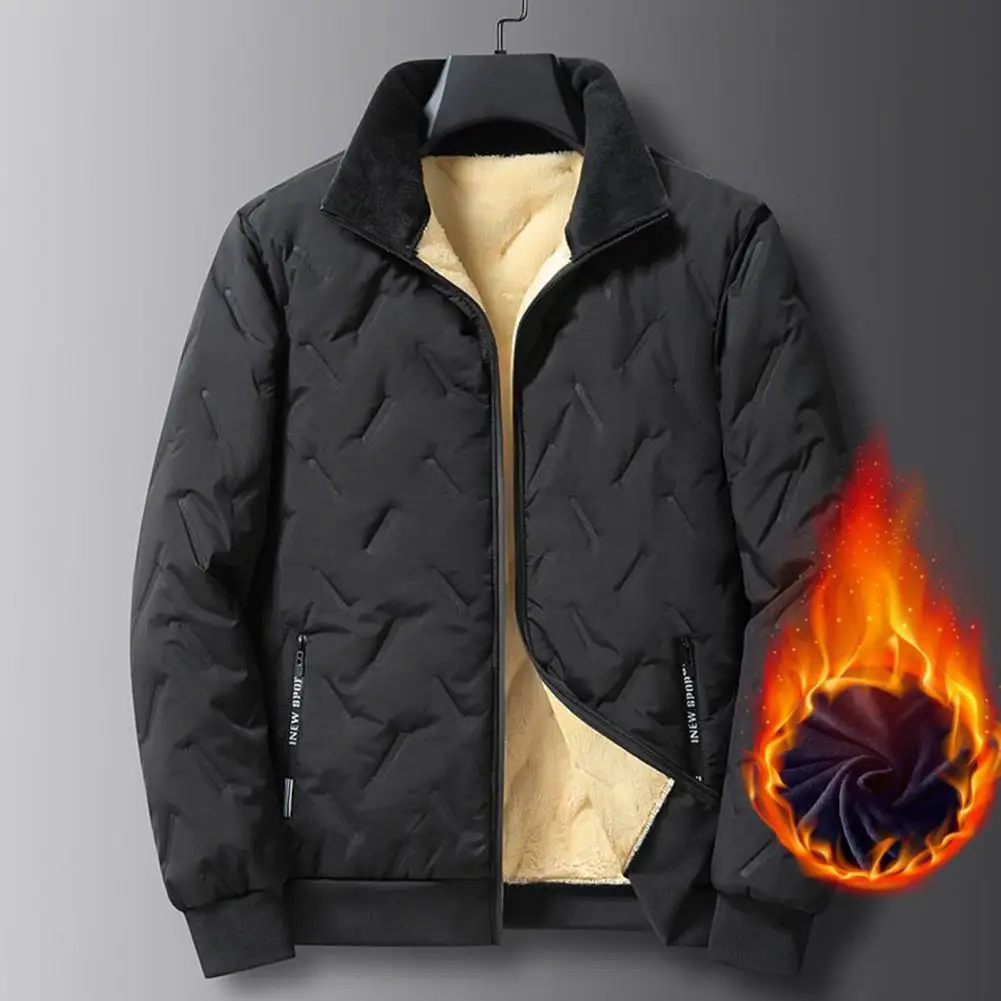 Einfarbige Revers jacke Herren geprägte Linien Revers jacke mit Reiß verschluss taschen elastischer Saum Plüsch futter mantel für Wärme stil