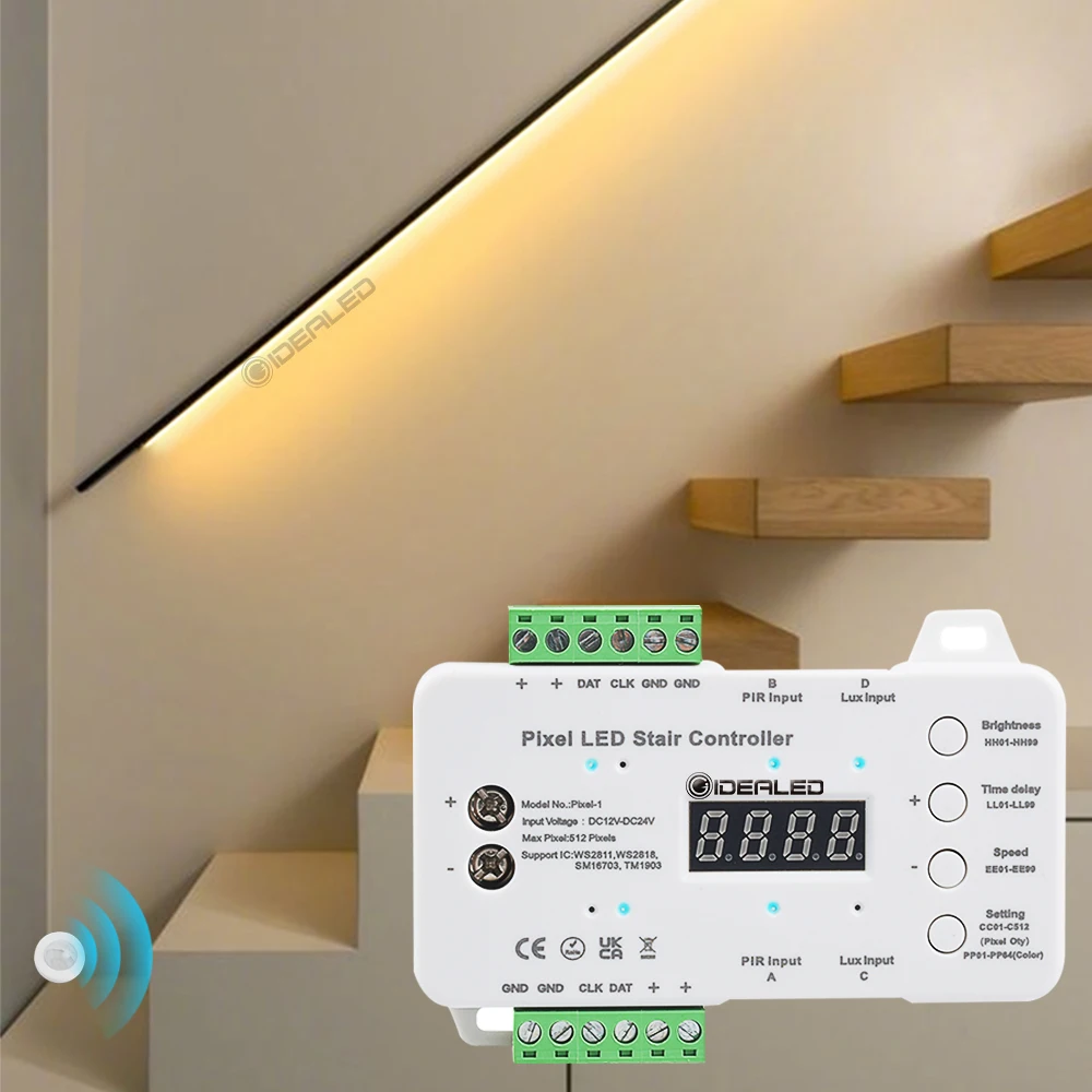 Motion Sensor LED Controller with Daylight Sensor Addressable Light Strip Stair PIR DC24V Streamline Follow the Footstep