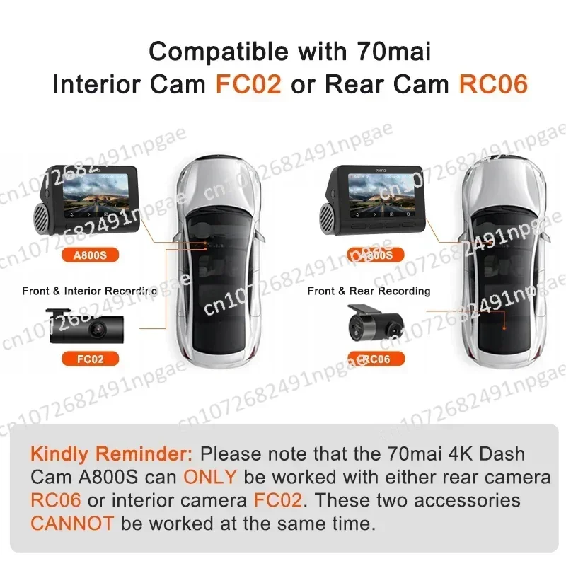 70 Mai Car Black Box 70mai Dash Cam 4k A800s with 70mai RC06 Rear Camera