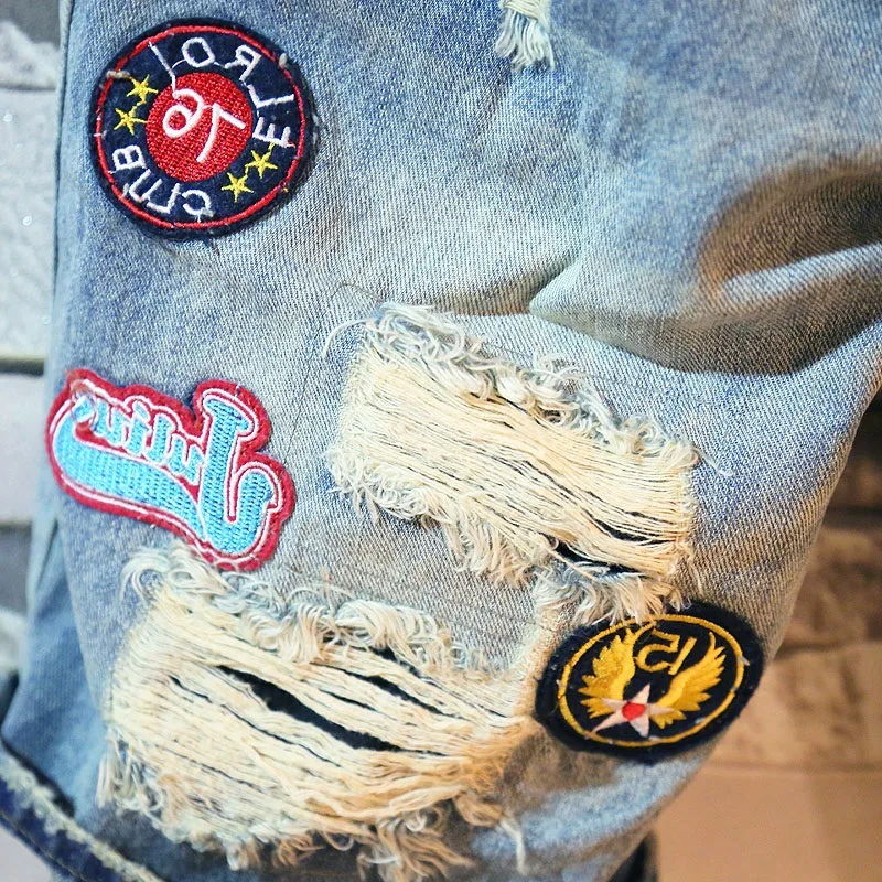 Summer Casual Punk Style Luxury Ripped Washed Jeans Denim Shorts for Men with Slim Embroidery Patch Washed Jeans Shorts for Men