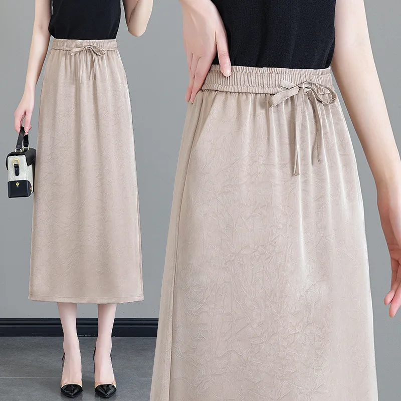 

2024New Chinese Satin Acetate Skirt Women's Summer Drape High-Grade Long Skirt LooseaLine skirt