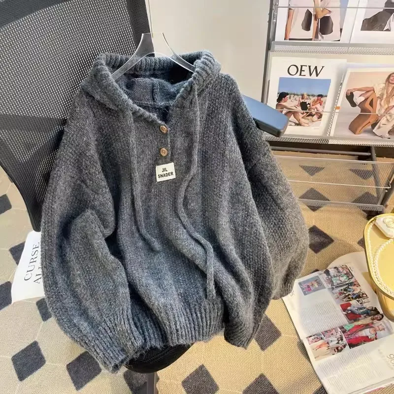 Maglione con cappuccio coreano stile pigro sciolto donna autunno e inverno 2024 nuovi top maglione lavorato a maglia con coulisse morbido e spesso