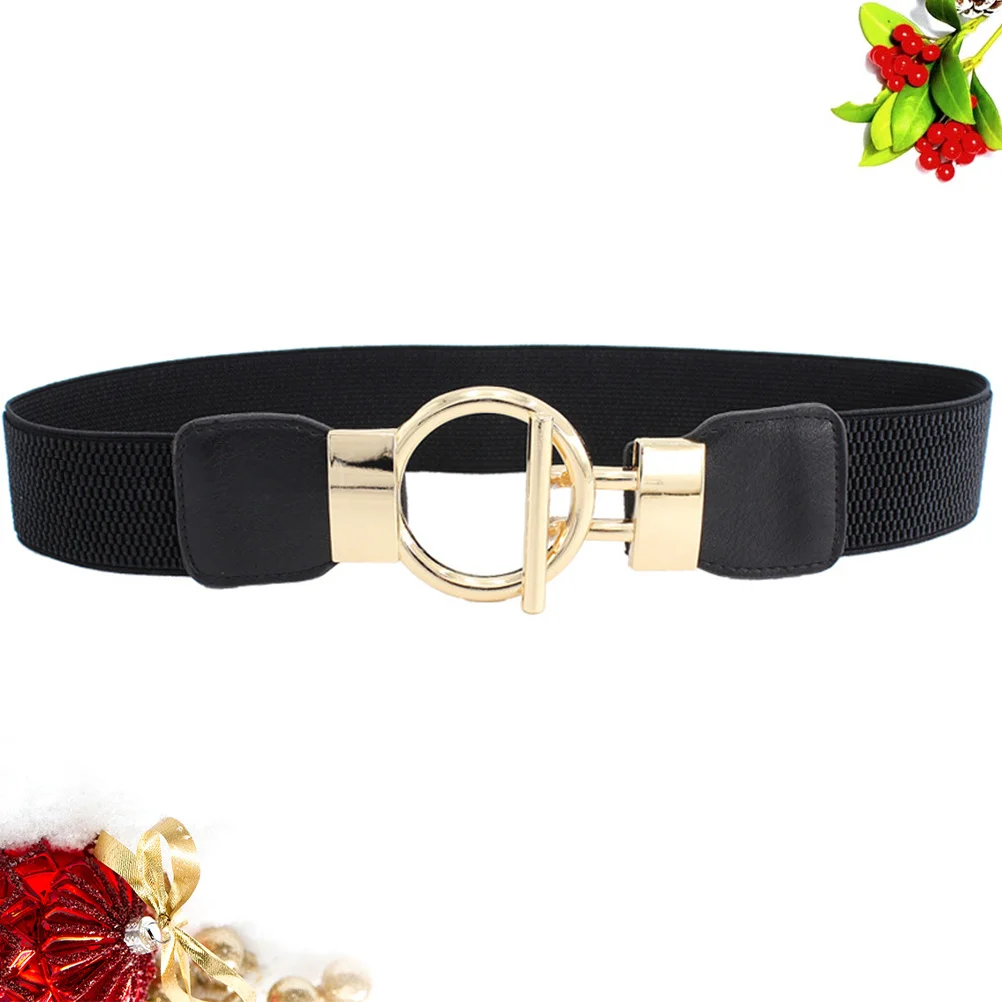 1 قطعة حزام خصر نسائي أسود عريض من البولي يوريثان بإبزيم مستدير ذهبي حزام خصر قابل للتمدد إكسسوار أنيق لفساتين الجينز