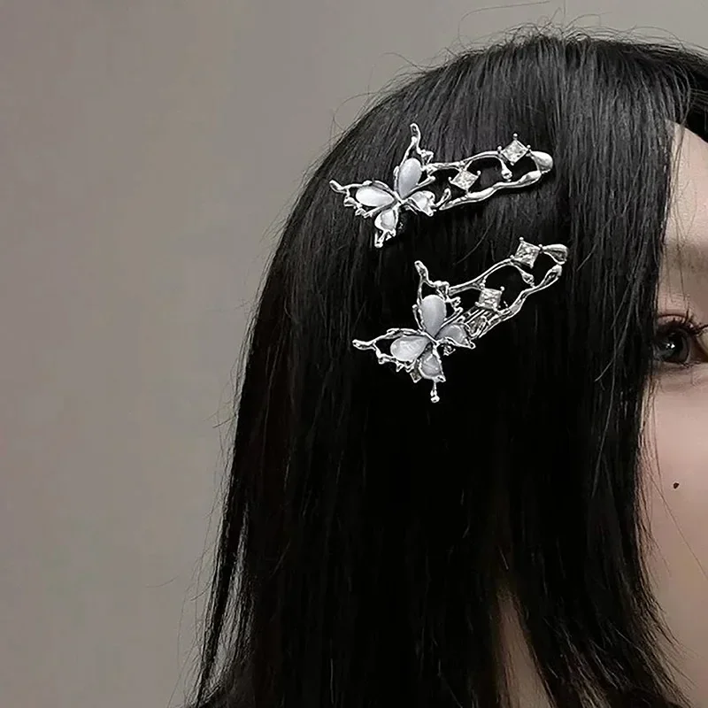 Y2k clipe de borboleta irregular, grampo de cabelo de metal líquido, grampos de cabelo de zircônia para mulheres, acessórios de cabelo, clipe de cabelo de metal lateral