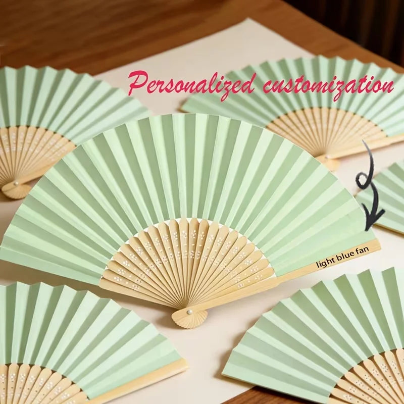 5Pcs/10pcs/20pcs/30pcs Light Green. Customize Advertising Folding Fan. Bamboo Hand-Held Folding Fan, Rural Western Wedding Fan