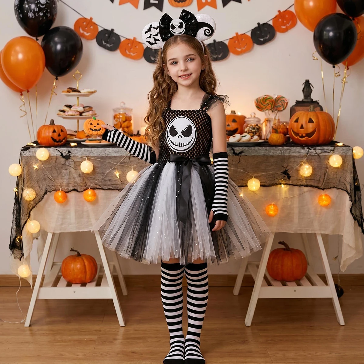 Nightmare Before Christmas Jack Kostüm Mädchen Halloween Skelett-Tutu-Kleid Kinder Cosplay Schwarz-Weiß Geister-Grusel-Outfits – Detail 5