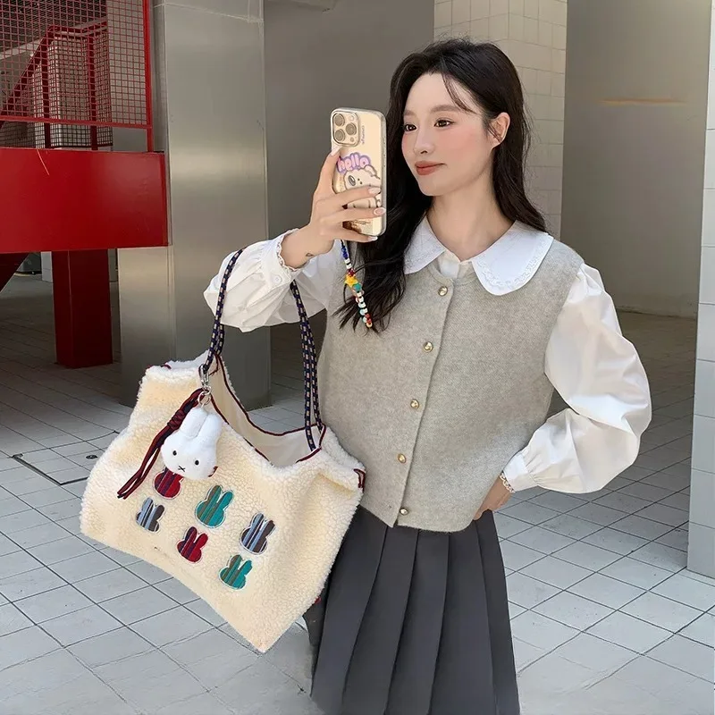 Miffy Kawaii Anime Cartoon Tote Bag Solid Color Large Capacity New Style Bag Fashion Commuting Leisure Versatile One Shoulder