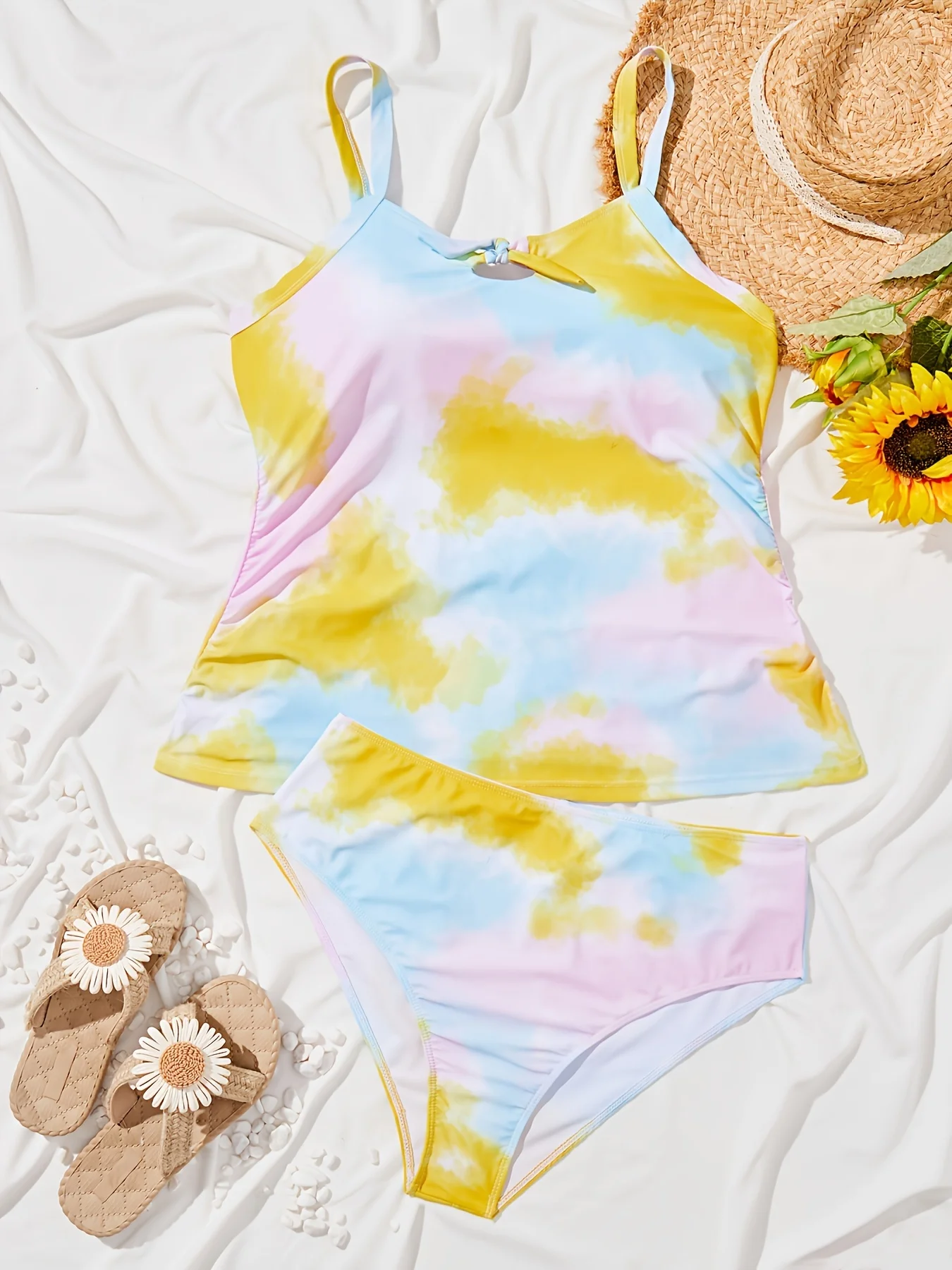 Women's plus-size tie-dye printed tankini set, two-piece halter style, vacation style