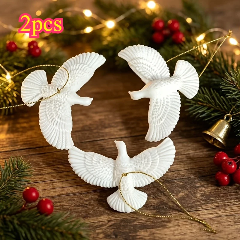 2pcs Christmas Pure White Dove Ornaments, Realistic Animal Sculptures, Home Decor, Desktop Display, Peace Dove, Resin Material