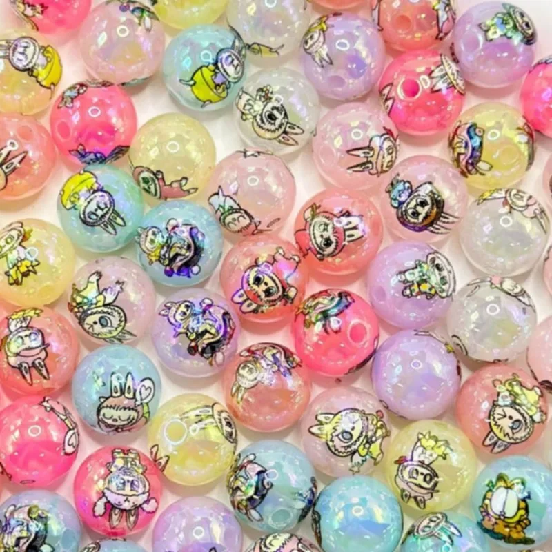 5pcs UV Coating Labubu Cute Jelly Color Round Acrylic Beads 16mm Random Mix DIY Jewelry Making Bracelets Supplies