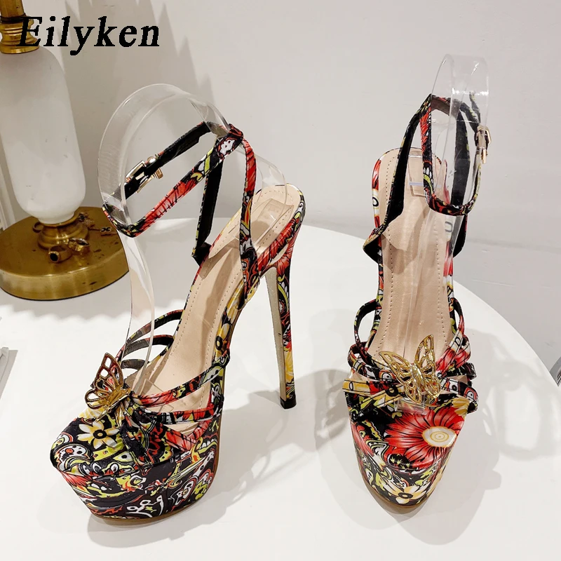 Eilyken Fashion Butterfly-Knot Designer Platform Sandals Open Toe Ankle Buckle Strap Stiletto Heels Women Party Shoes