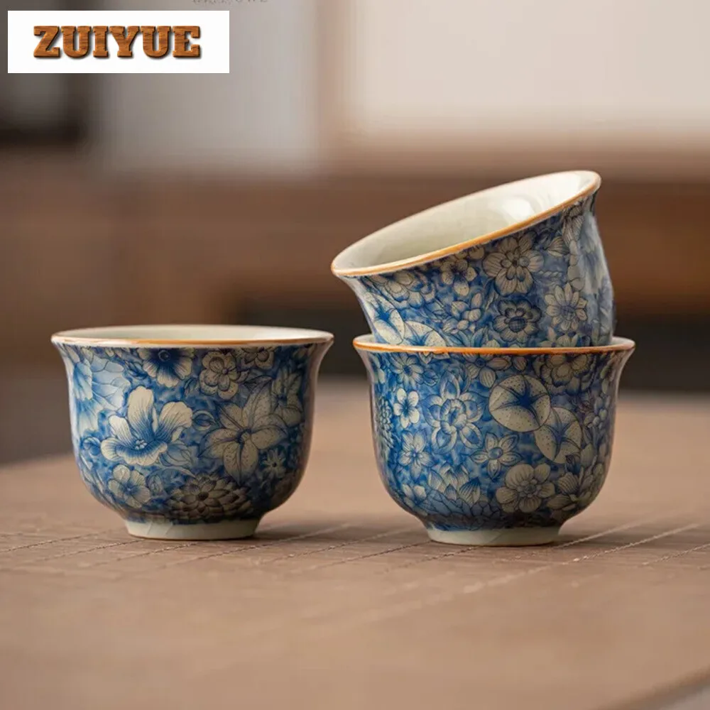 70ml Ceramic Teacup Zen Retro Lapis Lazuli Master Cup Tea Set Ceremony Accessories Blue and White Ru Kiln Ice Crackle Tea Bowl