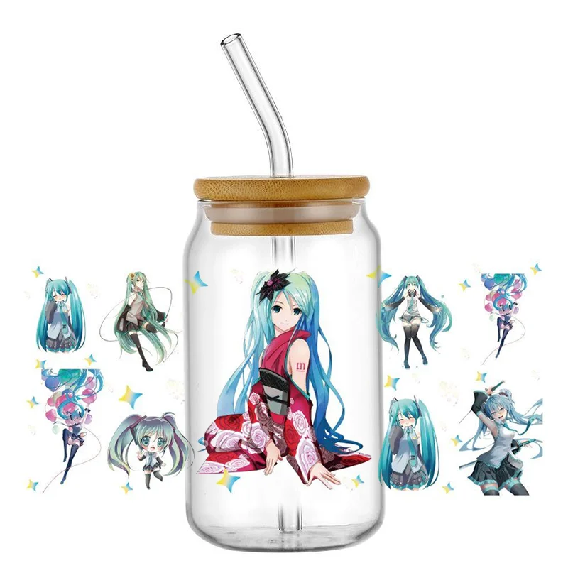 Miniso-pegatina de dibujos animados Mikuo 3D UV DTF, envolturas de transferencia DIY para taza de vidrio de 16oz, envoltura impermeable, pegatinas para taza de café