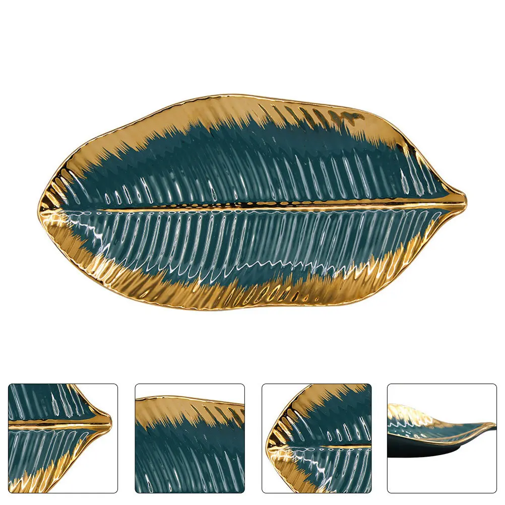 1Pcs Gold Edge Ceramic Leaf Shape Jewelry Tray Decorative Jewelry Storage Plate Delicate Design Fruits Tray Fruits Plate