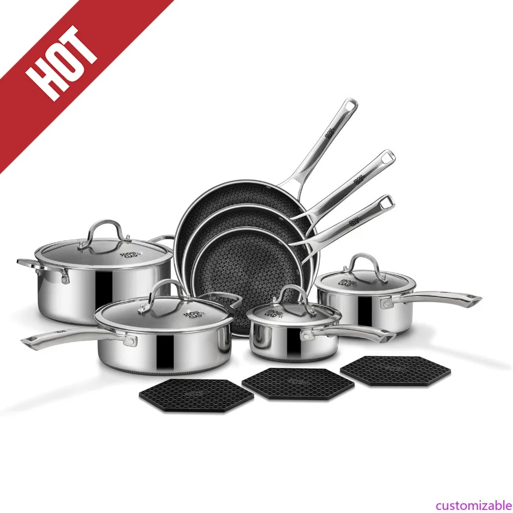 

Настраиваемый набор кастрюль и сковородок SNOWCLAD с антипригарным покрытием, 14-комплектные наборы гибридной посуды из нержавеющей стали, сковороды с антипригарным покрытием, блюдца