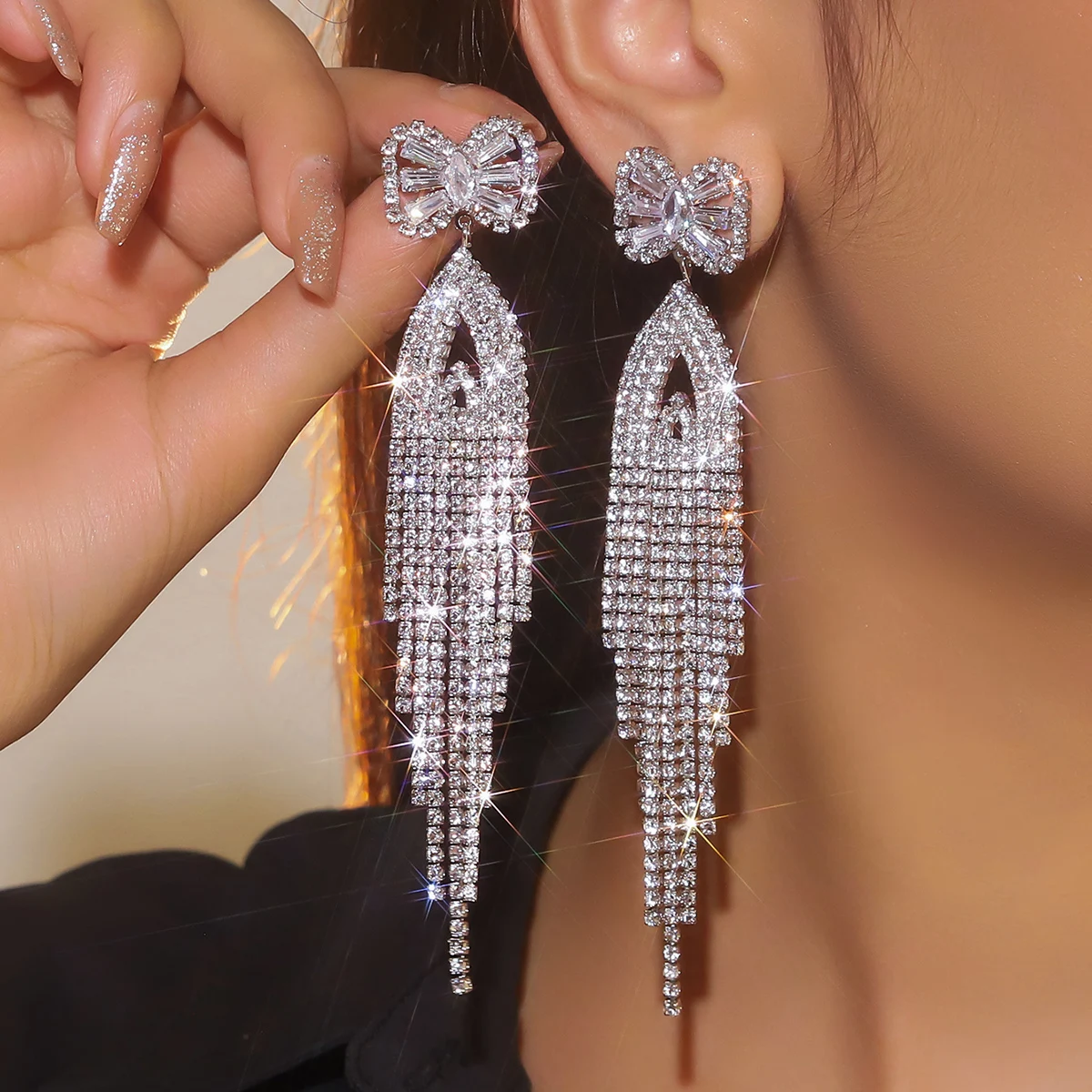 

Bow Earrings for Women Trendy Sparkly Rhinestone Chain Tassel EarringsProm Wedding Party Dress Jewerly for Women Gifts