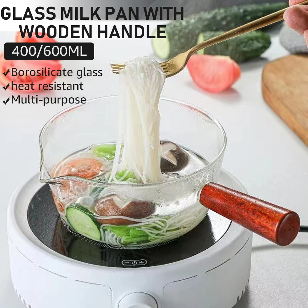 400/600ML Glass Milk Pot with Wooden Handle High Temperature Resistant Household Noodle Pot Saucepan for Stove Ceramic Kitchen